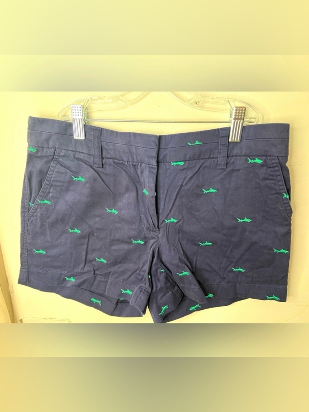 Women's British Khaki Navy Chino Shorts with Embroidered Green Sharks. Size 2